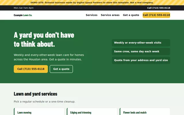 Demo homepage for a fictional lawn care company, with mowing and yard cleanup services