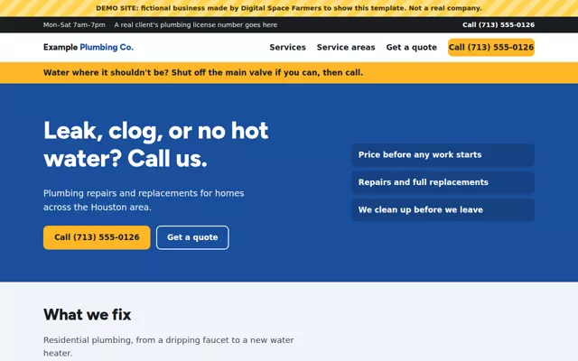 Demo homepage for a fictional plumbing company, with leak repair, drain cleaning and water heater services