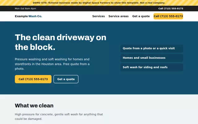 Demo homepage for a fictional pressure washing company, with driveway and house washing services