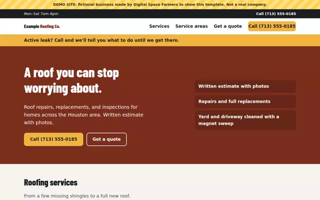 Demo homepage for a fictional roofing company, with roof repair, replacement and inspection services